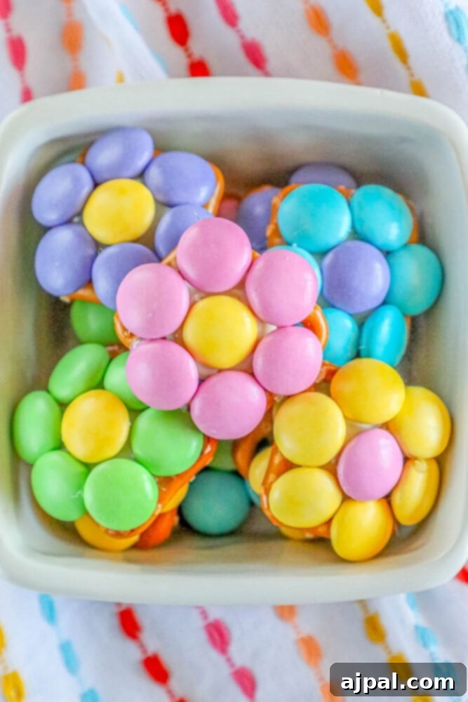 Hoppy Easter Pretzels 2 Pretzels with colorful candies on them, perfect for Easter