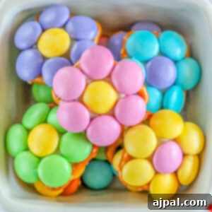 picture of easter pretzel candy with m&ms in a white bowl