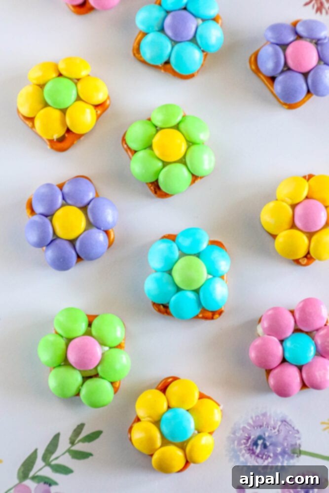 Hoppy Easter Pretzels 3 Close-up of Easter pretzel snacks with colorful M&Ms, ready for serving.