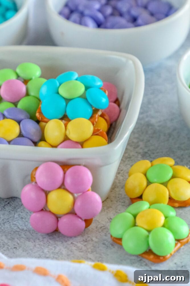 Hoppy Easter Pretzels 9 Beautifully arranged Easter pretzel snacks, showcasing their vibrant colors and perfect design.