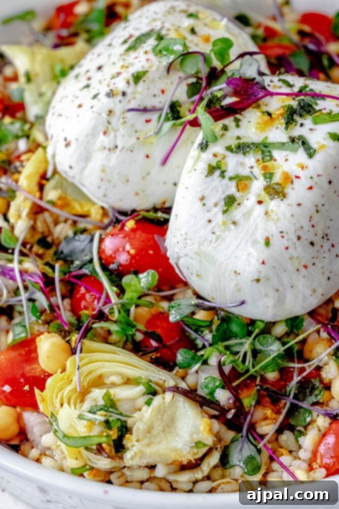 A tantalizing Burrata Barley Salad artfully arranged in a white bowl, adorned with vibrant microgreens, tender artichoke hearts, and juicy tomatoes, inviting you to a Mediterranean feast.