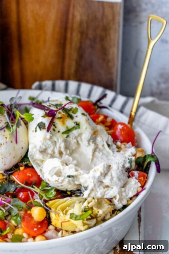 A sumptuous Burrata Barley Salad artfully presented in a white bowl, featuring a colorful blend of microgreens, tender artichoke hearts, and ripe tomatoes.