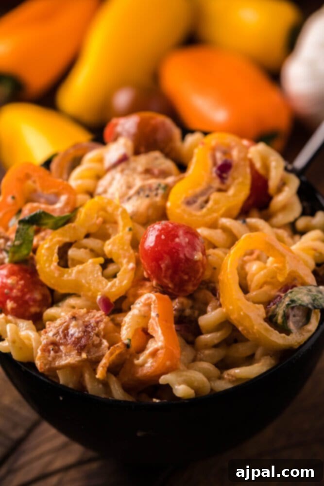 Velvet Chicken Bacon Pasta Salad 3 A close-up shot of creamy chicken bacon pasta salad featuring chicken, crispy bacon, bright cherry tomatoes, and sweet peppers, resting on a rustic wooden table.