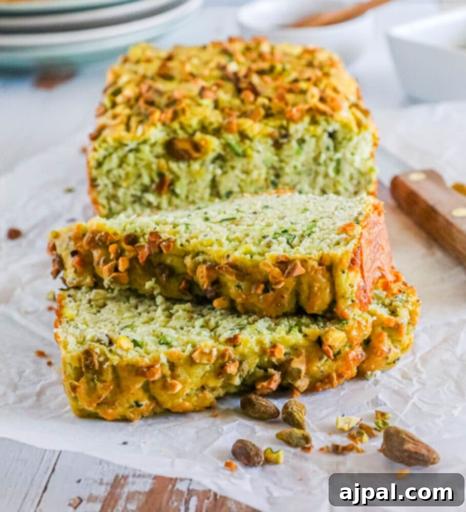 Keto Zucchini Pistachio Loaf 2 picture of pistachio zucchini bread sliced on parchment paper