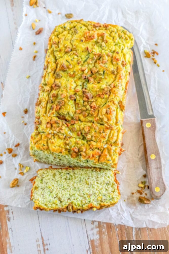 Keto Zucchini Pistachio Loaf 3 picture of pistachio zucchini bread sliced on parchment paper