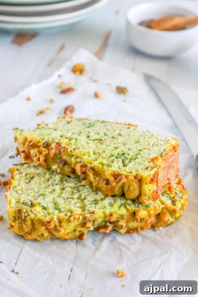 Keto Zucchini Pistachio Loaf 4 picture of pistachio zucchini bread sliced on parchment paper