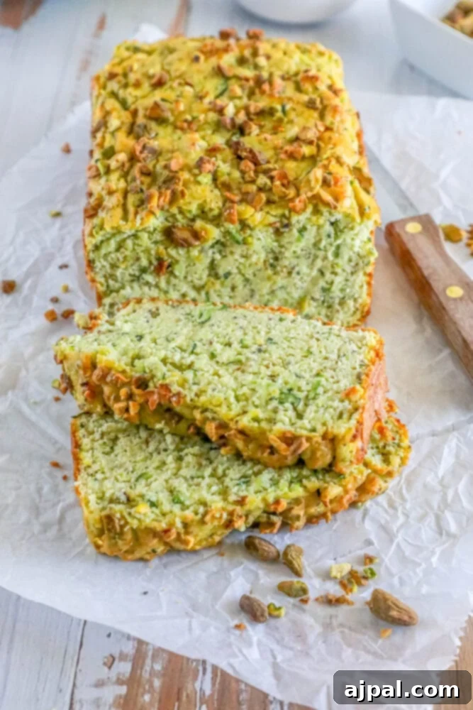 Keto Zucchini Pistachio Loaf 5 picture of pistachio zucchini bread sliced on parchment paper