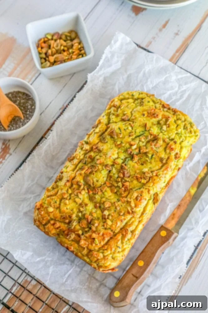 Keto Zucchini Pistachio Loaf 7 picture of pistachio zucchini bread sliced on parchment paper