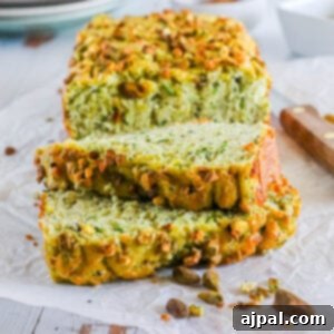 picture of pistachio zucchini bread sliced on parchment paper