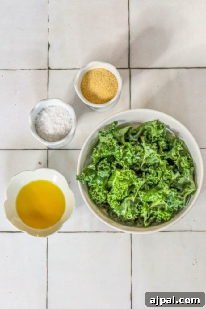Ingredients for kale chips: a bottle of olive oil, a bowl of sea salt, a shaker of garlic powder, and a bunch of fresh kale.