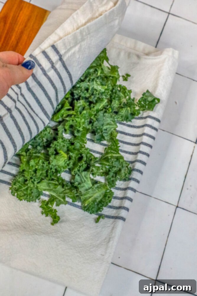 A freshly washed bunch of kale is gently wrapped in a white kitchen towel to dry thoroughly before preparation.