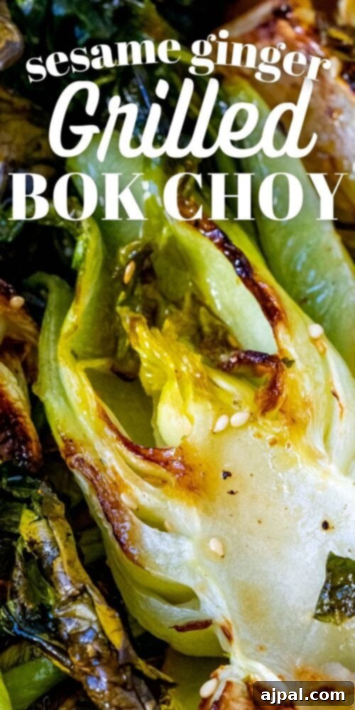 Grilled Sesame Ginger Bok Choy 8 A stunning image of the finished Sesame Ginger Grilled Bok Choy, glistening with dressing and topped with sesame seeds, ready for serving.
