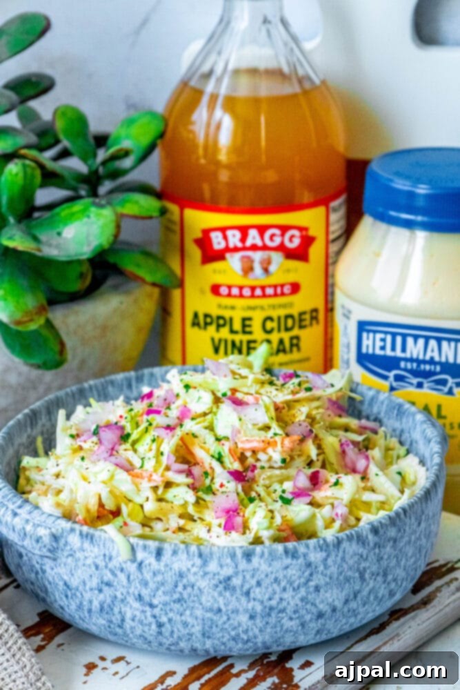 Quick & Easy 4-Ingredient Coleslaw 2 Easy coleslaw recipe with a side of apple cider vinegar, showing its creamy texture.