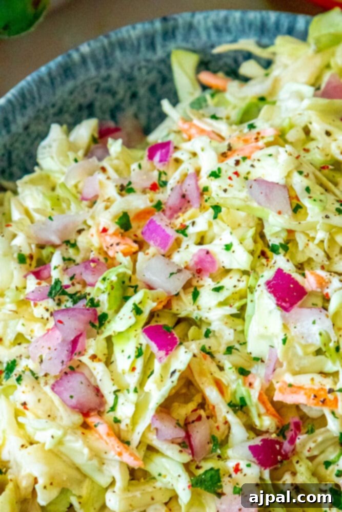 Quick & Easy 4-Ingredient Coleslaw 3 The best easy 4-ingredient coleslaw recipe in a rustic bowl, garnished with fresh herbs.