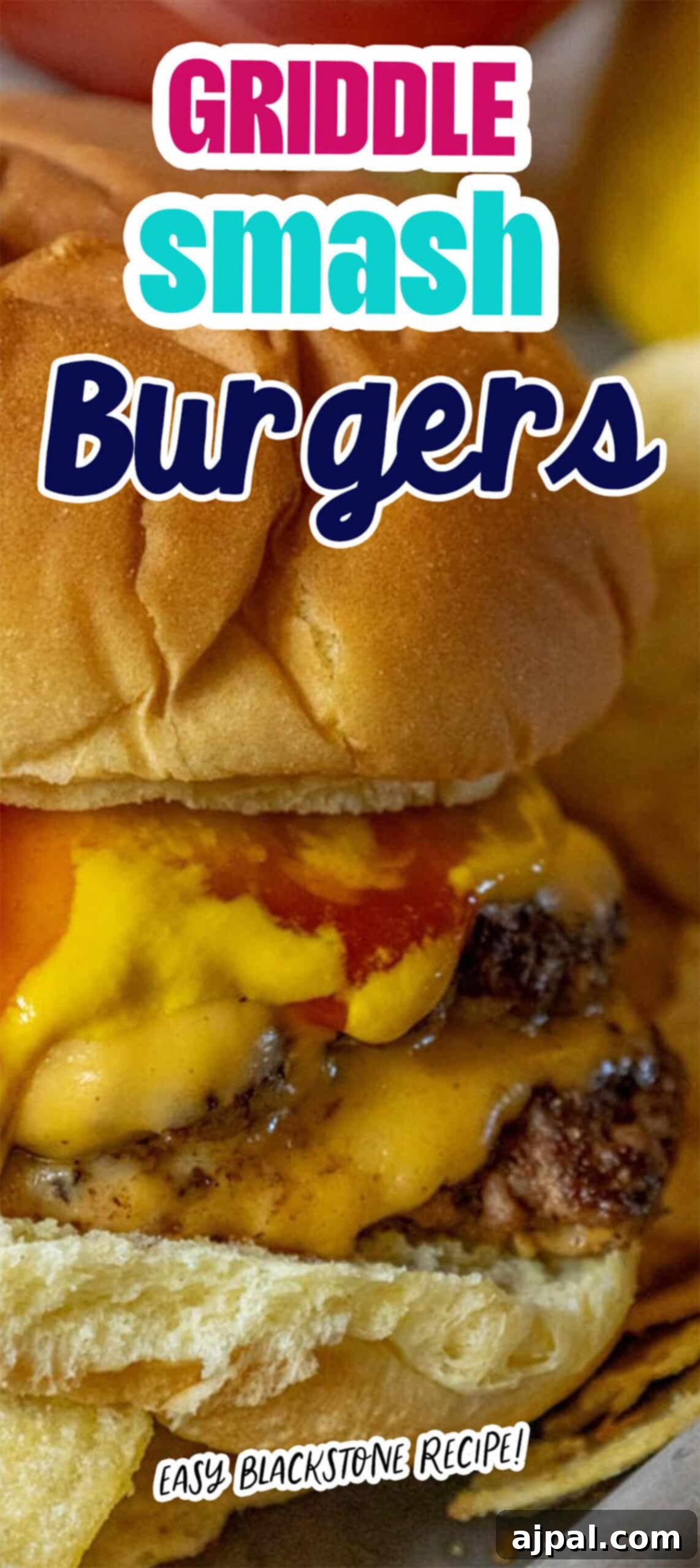 Close-up of a cheeseburger with melted cheese and sauce in a bun. Text overlay reads "Griddle Smashburgers" and "Easy Smashburgers Recipe.