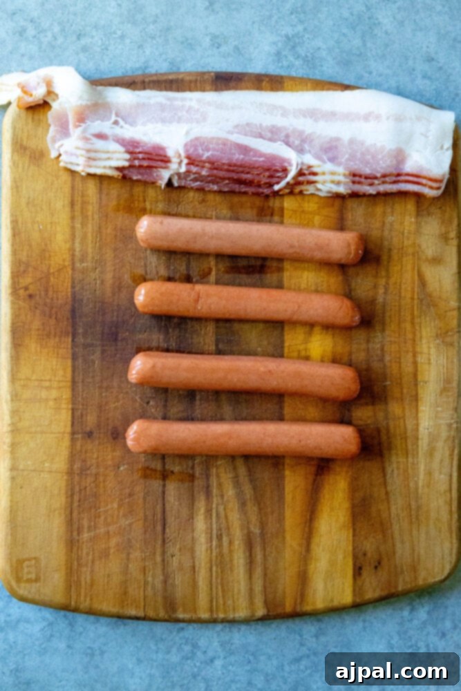 picture of hot dogs and bacon on a cutting board