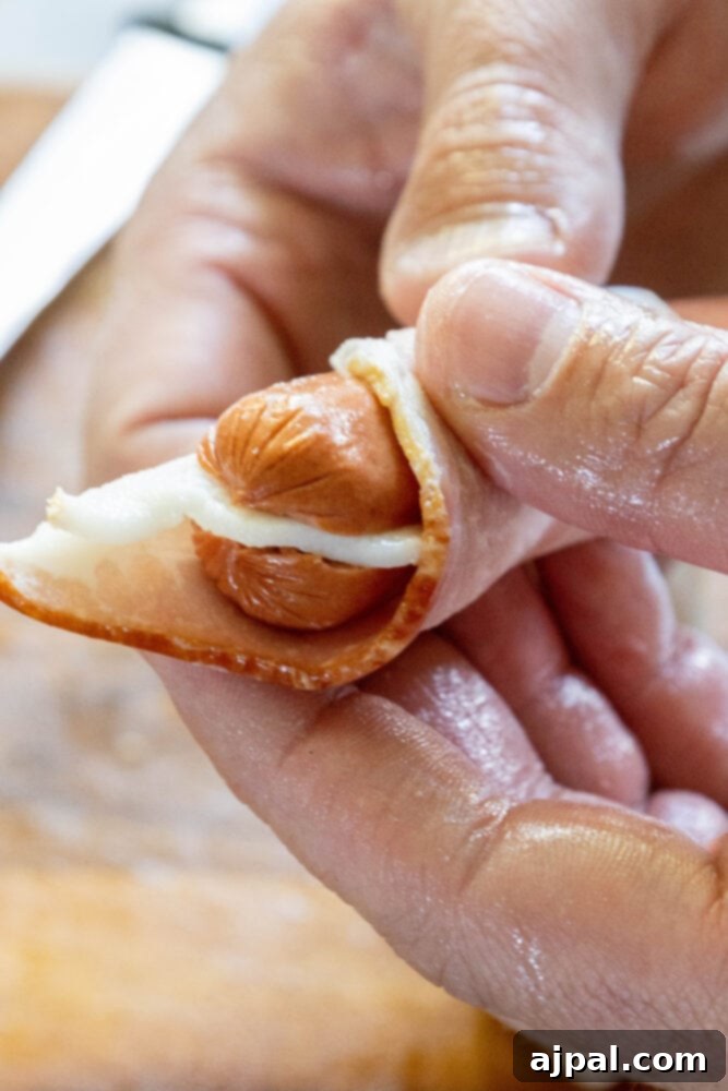 picture of a hand wrapping bacon around a hot dog