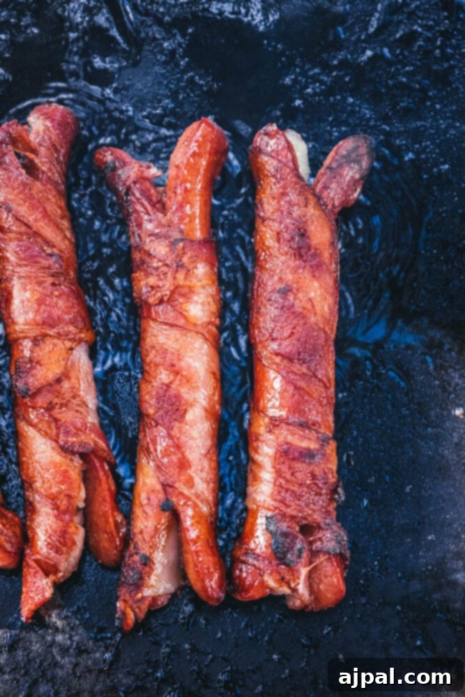 picture of bacon-wrapped hot dogs cooking on a blackstone griddle