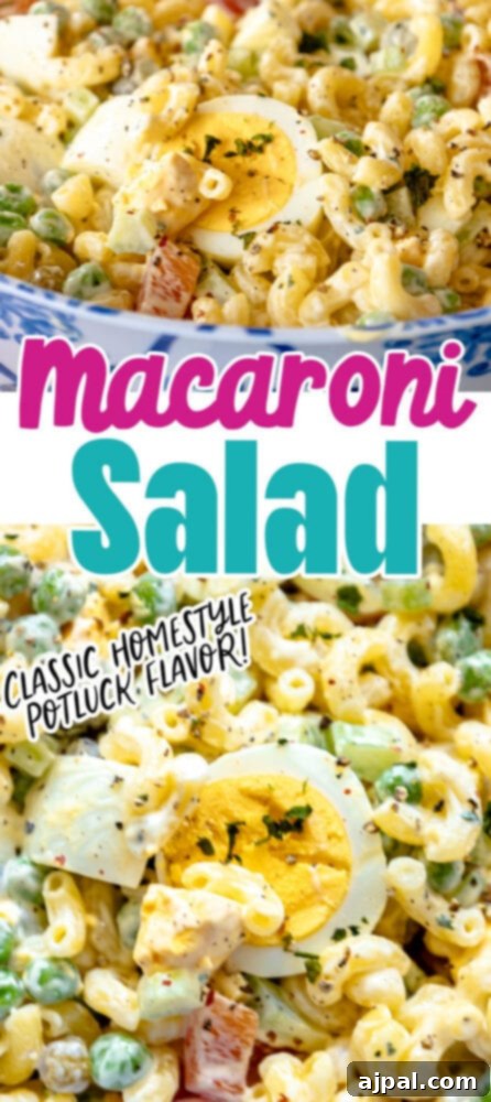 A final presentation of the creamy macaroni salad in a serving bowl, showcasing its delicious appeal