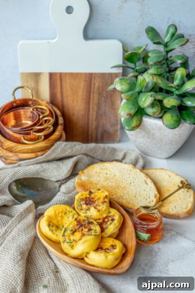 Fluffy Instant Pot Egg Bites 3 A beautifully presented wooden cutting board adorned with fresh bread and a vibrant green plant, with a focus on delicious Instant Pot Egg Bites.