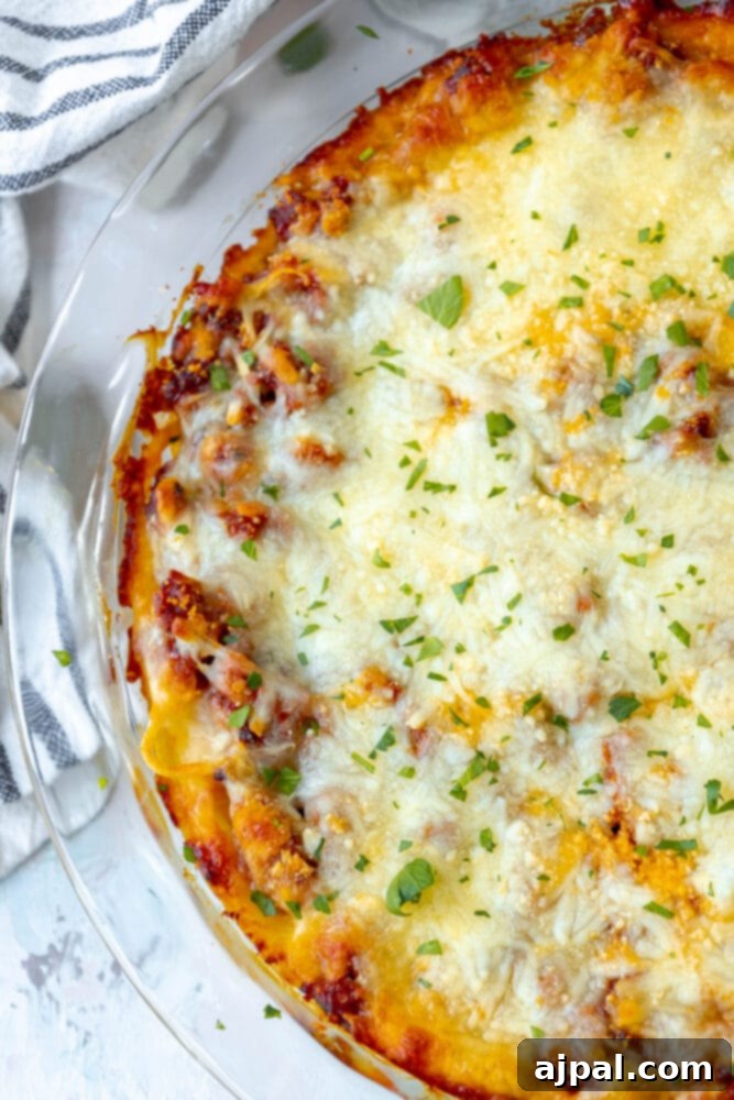A close-up view of an Easy Baked Spaghetti Pie, showcasing its rich layers of cheesy pasta, savory meat sauce, and creamy texture, inviting a taste.