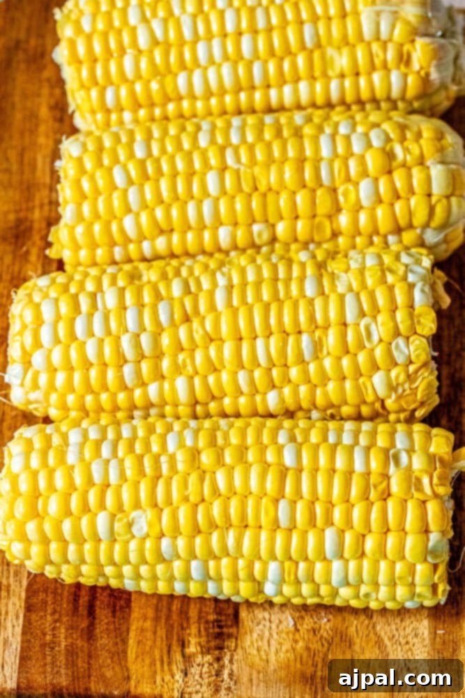 Peeled and cleaned corn on the cob, ready for cooking