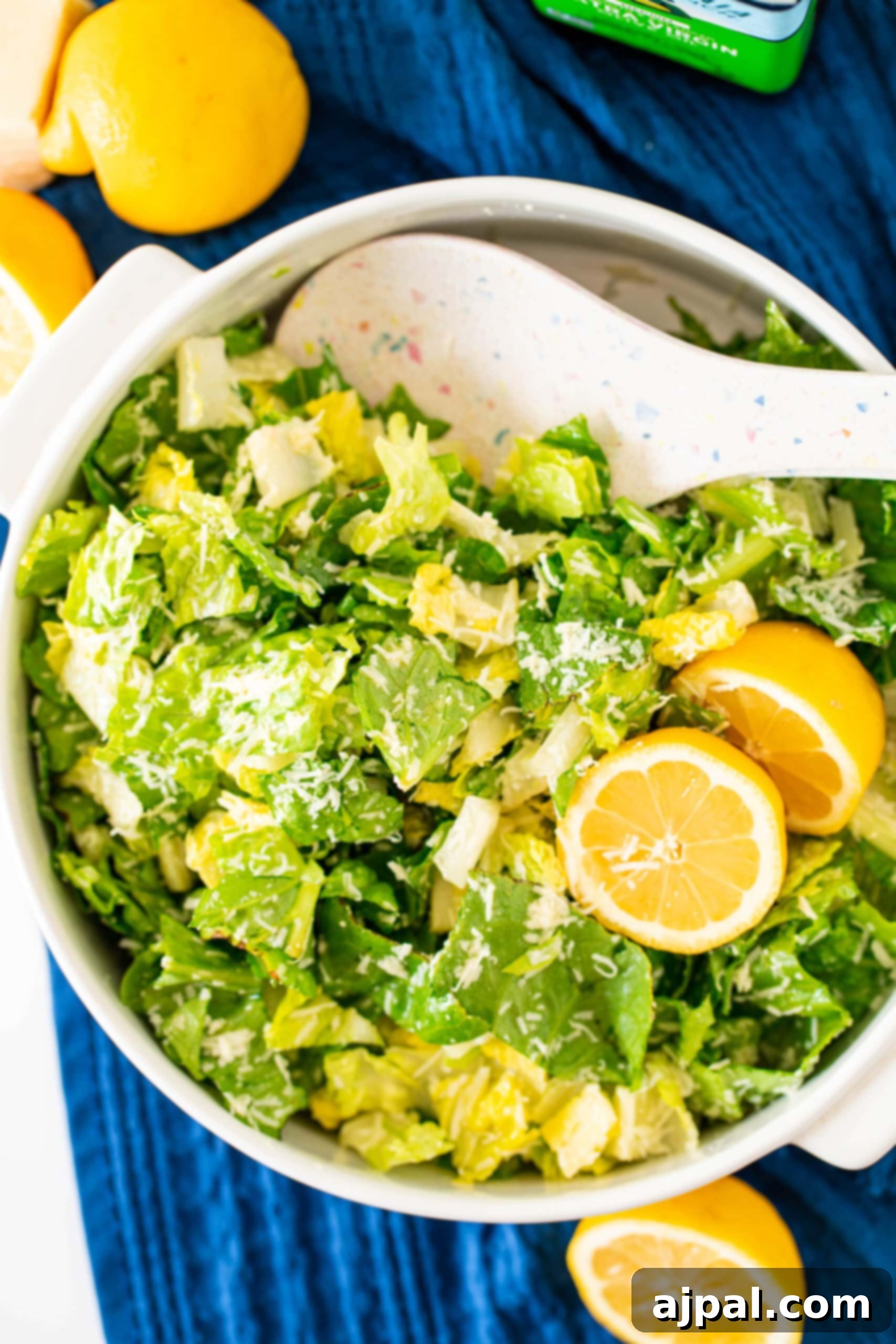 A vibrant, tangy salad featuring crisp romaine lettuce, fresh lemon slices, and generous shavings of Parmesan cheese, all tossed in a zesty lemon dressing. Perfect for a refreshing crunch.