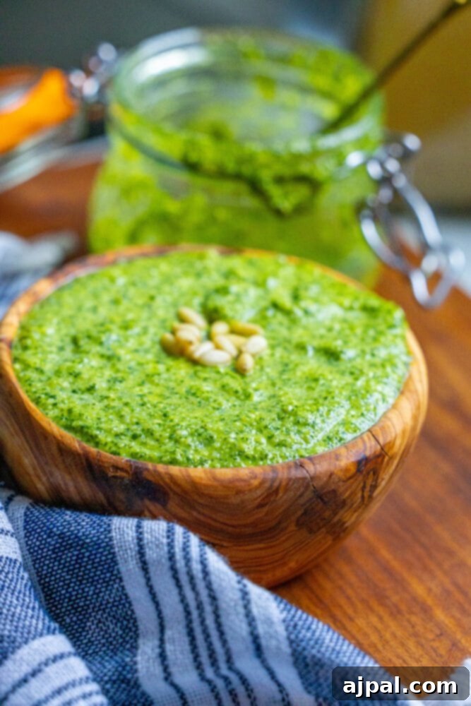 Effortless Vegan Pesto 2 A bowl of fresh, green vegan pesto, ready to be enjoyed with your favorite dishes.