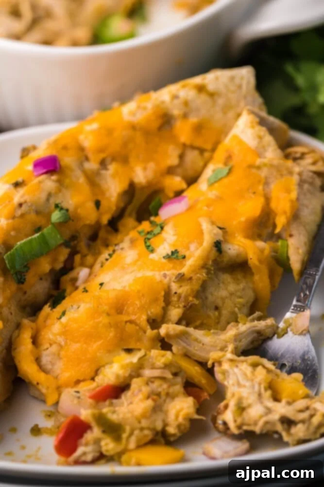 A serving of keto chicken enchilada casserole on a white plate, ready to be enjoyed with a fork.