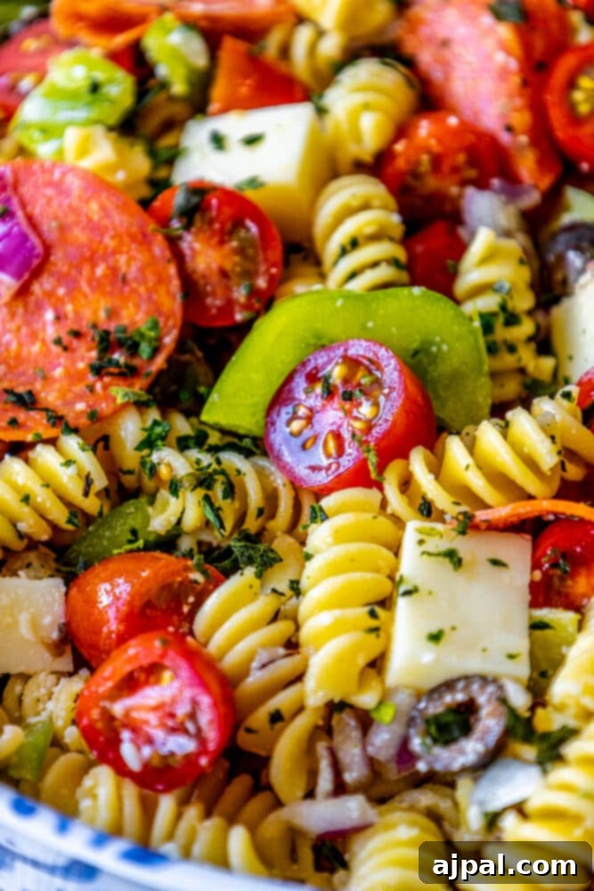 The Best Easy Antipasti Pasta Salad with pepperoni, peppers and tomatoes.