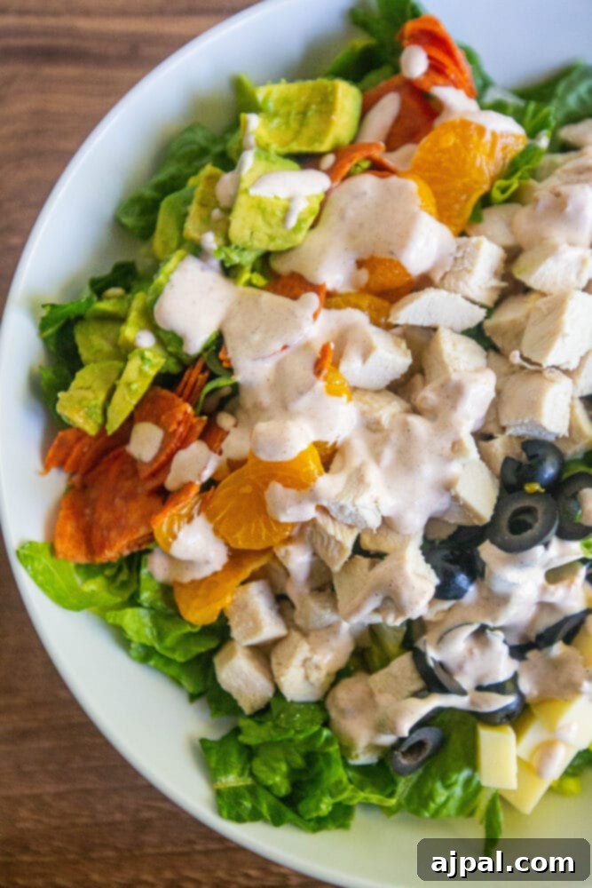 picture of aspen village salad with lettuce, chicken, mandarin oranges, olives, cheese, pepperoni, avocado, and southwestern dressing