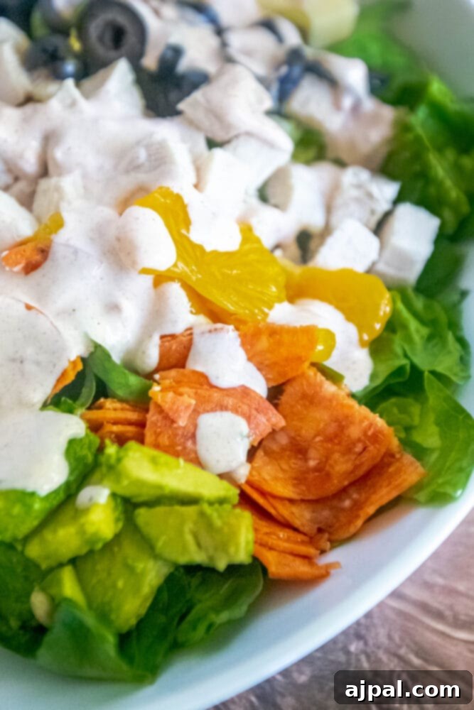 picture of aspen village salad with lettuce, chicken, mandarin oranges, olives, cheese, pepperoni, avocado, and southwestern dressing