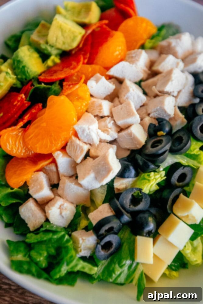 picture of aspen village salad with lettuce, chicken, mandarin oranges, olives, cheese, pepperoni, avocado, and southwestern dressing in a bowl 