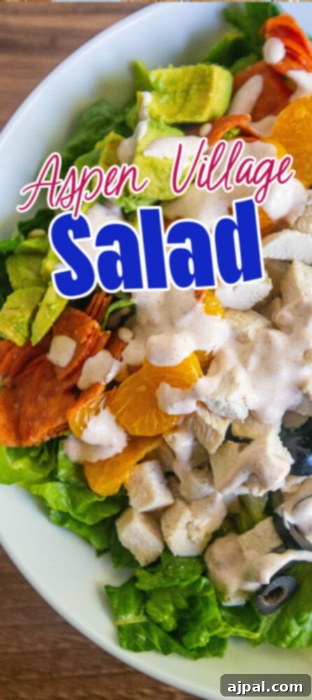 picture of aspen village salad with lettuce, chicken, mandarin oranges, olives, cheese, pepperoni, avocado, and southwestern dressing in a bowl 