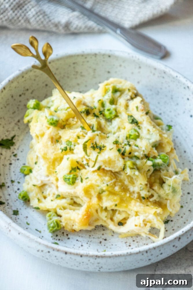 A beautifully baked chicken tetrazzini noodle casserole, golden brown on top, with vibrant green peas scattered throughout, served on a white plate, ready to be enjoyed.