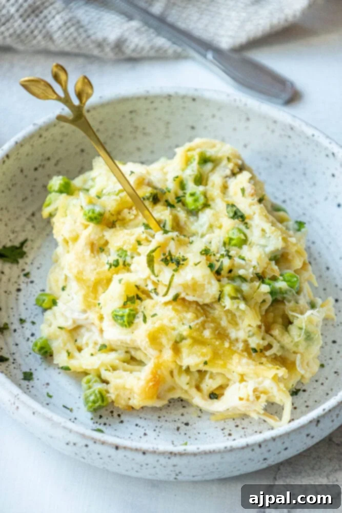 No-Fuss Chicken Tetrazzini 2 A serving of baked chicken tetrazzini noodle casserole with peas on a white plate, ready to eat.