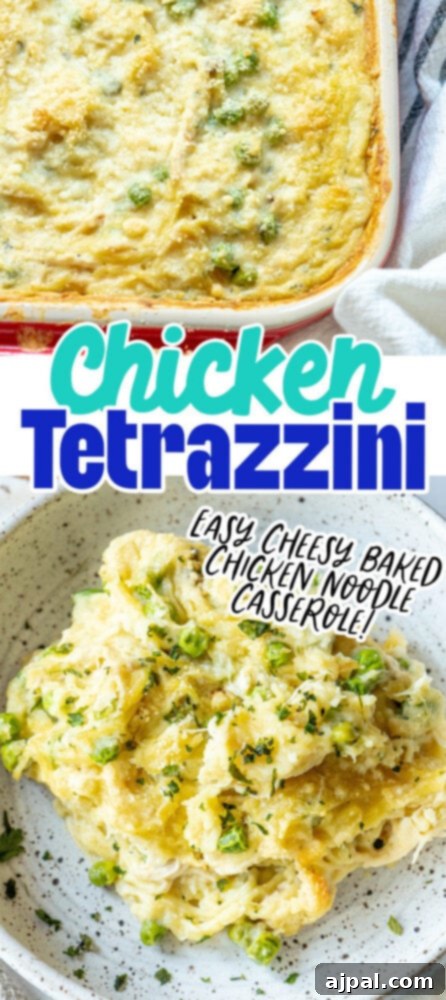 No-Fuss Chicken Tetrazzini 13 A vertically oriented image showing a baked chicken tetrazzini noodle casserole on a plate, highlighting its creamy texture and golden-brown topping.