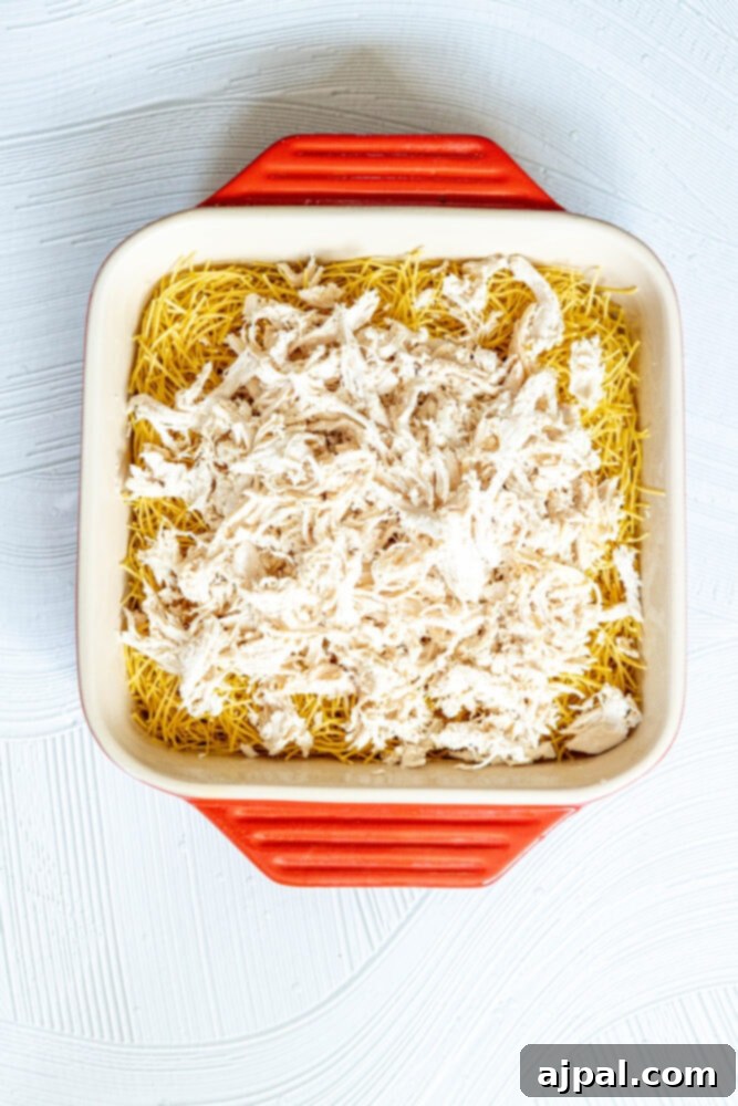 A close-up view of freshly cooked egg noodles mixed with tender shredded rotisserie chicken, forming the base of the tetrazzini casserole.