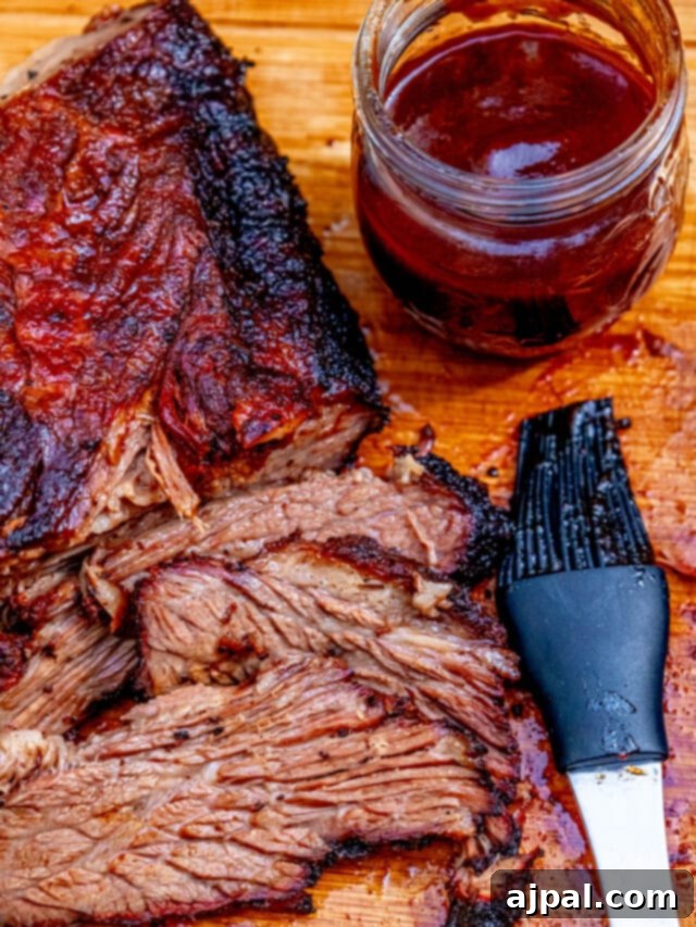 Hot and Fast Brisket Made Easy 10 picture of smoked brisket on a wooden cutting board, beautifully sliced and ready to serve