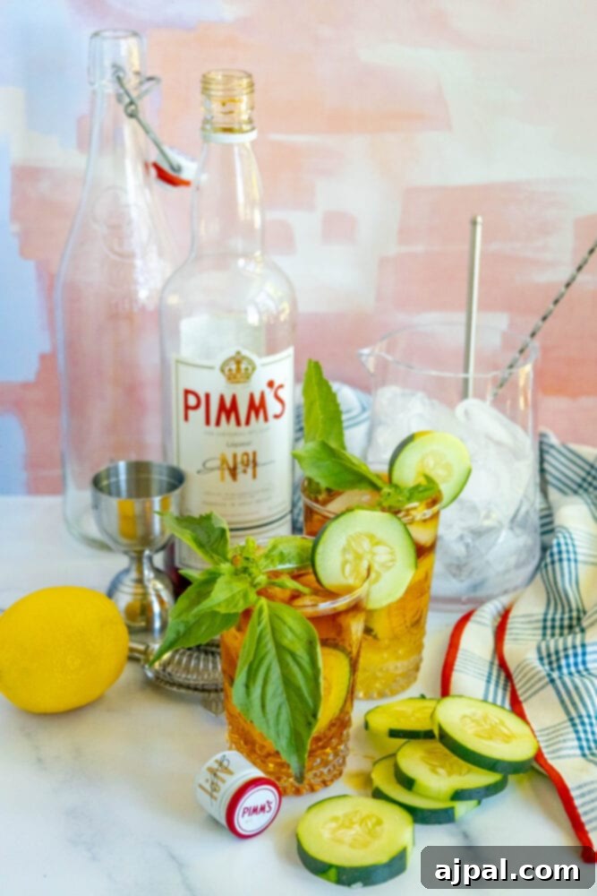 A refreshing Pimm's Cup cocktail with cucumber and basil, complemented by a bottle of Pimm's No. 1 in the background, making it an inviting summer drink.