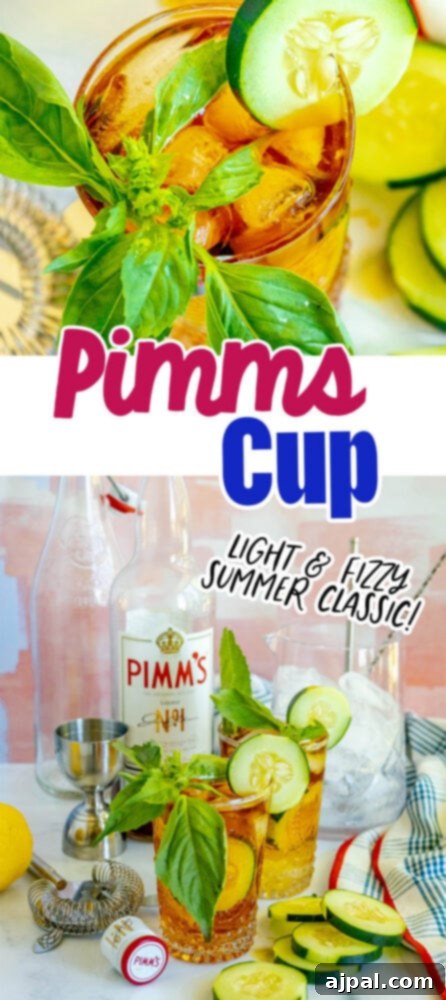 Pimm’s cup – classic cocktail recipe, showcasing a refreshing summer drink garnished with cucumber and basil, with a bottle of Pimm's liqueur in the background.