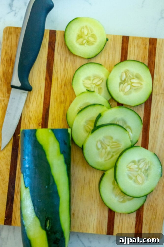Freshly sliced cucumber pieces artfully arranged on a wooden cutting board, ready for use as garnish in a Pimm's Cup cocktail.