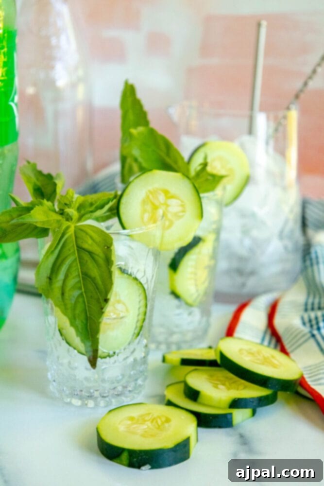 A Pimm's Cup cocktail with cucumber and basil, a bottle of Pimm's in the background, and ice cubes chilling the drink, emphasizing the refreshing nature of this summer classic.
