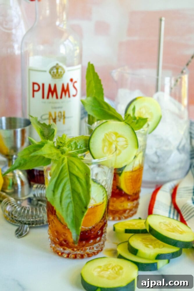 A perfectly prepared Pimm's Cup cocktail, garnished with fresh cucumber and basil, with a bottle of Pimm's No. 1 in the background, highlighting the drink's appeal.
