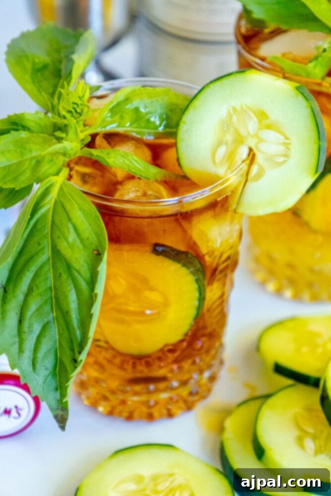 A refreshing Pimm's Cup cocktail with cucumber and basil, prominently displayed with a bottle of Pimm's No. 1 in the background, ready for summer enjoyment.