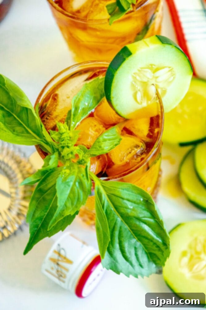 A vibrant Pimm's Cup cocktail, beautifully garnished with fresh cucumber and basil, poised for a refreshing summer sip.