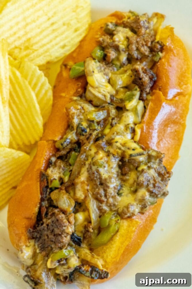 A perfectly assembled chopped cheese sandwich on a white plate, showcasing the melted cheese, seasoned ground beef, and fresh toppings within a toasted hoagie roll.