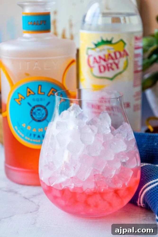 Sunset Sip Blood Orange Gin Tonic 6 Pink gin with simple syrup in a glass with ice.