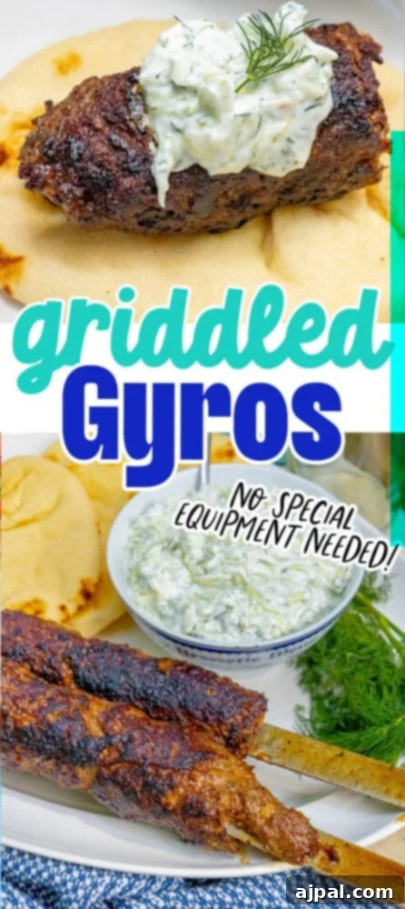 Effortless Griddled Greek Gyros 5 Close-up of grilled Greek gyros skewers with a creamy tzatziki sauce dip.