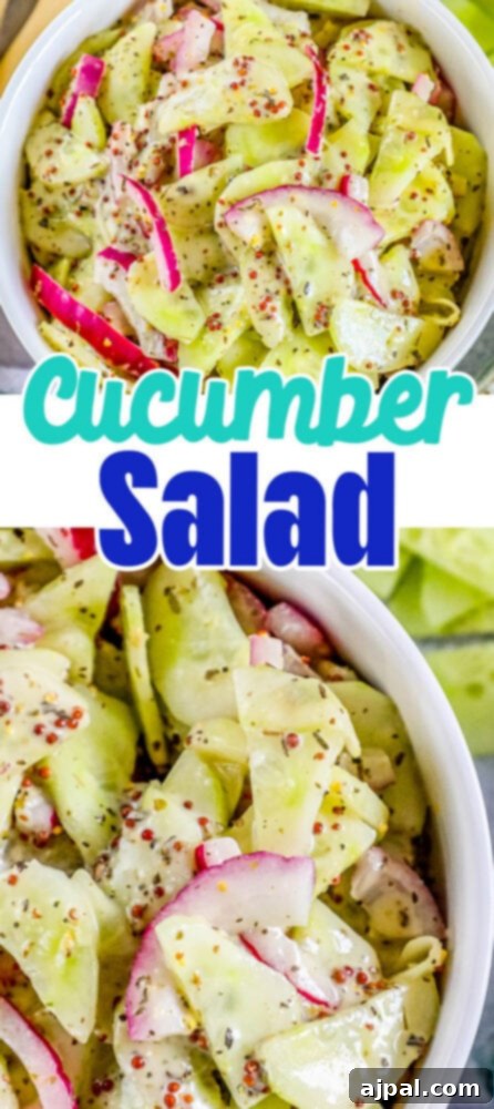 Cool Creamy Cucumber Salad 13 A crisp and creamy cucumber salad in a white bowl, garnished with thin radish slices and fresh dill, showcasing its refreshing appeal.